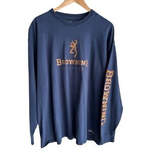 Wilson Browning Fishing Shirt Mens XL Navy Blue Spell-Out Long Sleeve Outdoor